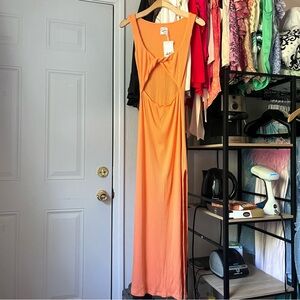 NWT LEZAT orange modal spandex rib knit twist front cutout sleeveless maxi dress